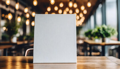 A frontal view of a blank white canvas stands on a wooden table in a cafe with a blurred background - Mockup - Product presentation - obrazy, fototapety, plakaty