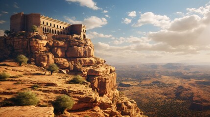 An ancient desert fortress perched atop a towering sandstone cliff