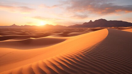 A stunning desert sunrise, casting long shadows over the dunes and rocky terrain