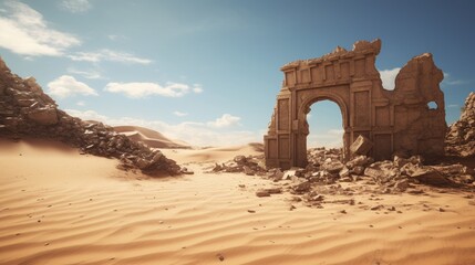 Ancient ruins partially buried in the shifting sands of a remote desert