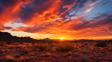 Fototapeta na wymiar A fiery desert sunset, with the sky ablaze in hues of orange, red, and purple
