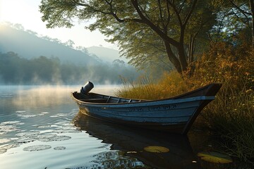 Boat on the river bank, tranquility of nature. Generative AI.