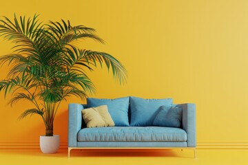 Blue modern sofa and home potted plant near on a plain yellow background, front view. AI generative