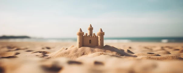Fototapeten Small sand castle on the ocean beach. Summer kids holidays on the sea side, sea coast. Concept of summer vacation for postcard, banner, poster, advertisement with copy space. © Irina