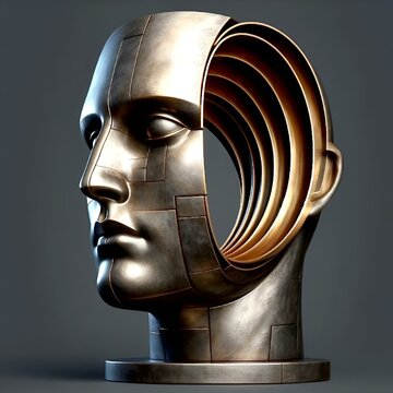 AI generated illustration of a metal sculpture of a man's bust