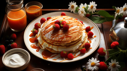 Pancakes with fresh berries and caramel on wooden table.
