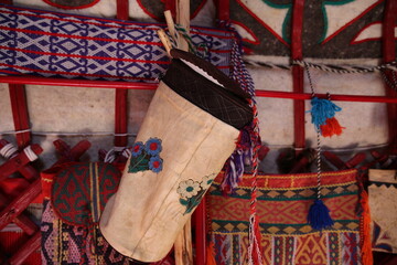 Interior decoration of a Kazakh yurt. The decoration of the yurt consists of objects and products...