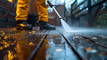 A man using pressure washer to clean patio decking
