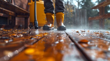 A man using pressure washer to clean patio decking