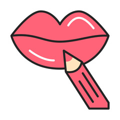Lip pencil line icon vector isolated. Symbol of beautiful red lips and makeup pencil applying pigment on the lips. Concept of beauty and fashion.