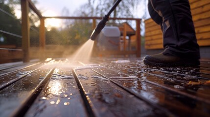 A man using pressure washer to clean patio decking - obrazy, fototapety, plakaty