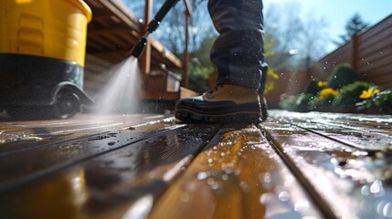 A man using pressure washer to clean patio decking