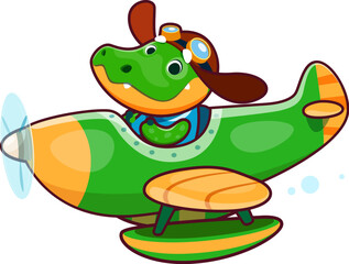 Fototapeta premium Cartoon cute crocodile animal character on plane. Adorable alligator kid flying on propeller airplane, cute crocodile pilot sitting in plane isolated vector personage. Funny animal on vintage aircraft