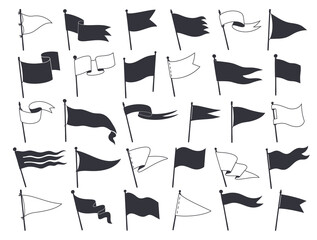 Isolated retro pennants, white and black flags on poles, vector icons. Flags or blank banners, triangle and square wavy pennants on flagpole sticks, retro flags for sport labels and emblem elements - obrazy, fototapety, plakaty