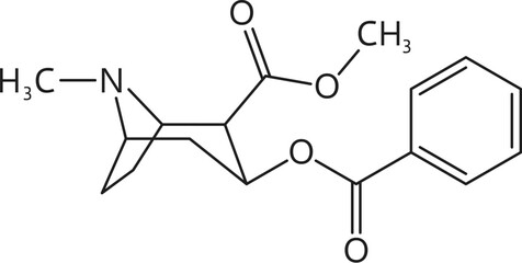 Cocaine drug molecule formula and chemical structure, synthetic or organic drugs vector model. Molecular structure and chemical formula of cocaine drug or narcotic substance for medicine and pharmacy