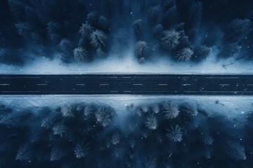 Plane over road in winter, aerial image with romantic depictions of wilderness. Generate AI image