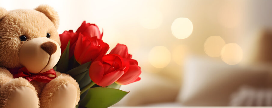 Close-up photo of a bouquet of red tulips and a teddy bear on a blurred background. Holiday gift concept for World Women's Day, March 8, birthday, anniversary with copy space. Banner, postcard.