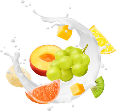 White yogurt drink, milk swirl and wave splash with tropical fruits. 3d vector peach, grapes, grapefruit and kiwi, banana, lemon and mango vibrant dance, creating a luscious and refreshing spectacle
