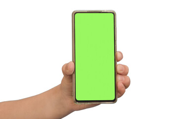 Smartphone with a green screen in a child's hand on a transparent background. Greenscreen