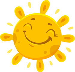Cartoon cheerful sun character, happy sunshine vector personage of sunny summer day. Bright yellow sun emoji with cute smile and closed eyes. Sunlight, sunrise, hot weather or warm climate emoticon - obrazy, fototapety, plakaty
