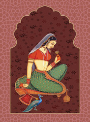 Traditional Mughal Beautiful woman at her toilette illustration for wallpaper