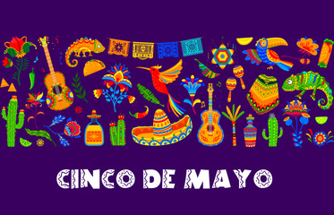 Cinco de Mayo Mexican holiday banner with sombrero and cactuses, pinata and animals, vector background. Mexican papel picado flags, tequila and tropical flowers in ethnic pattern for Cinco de Mayo
