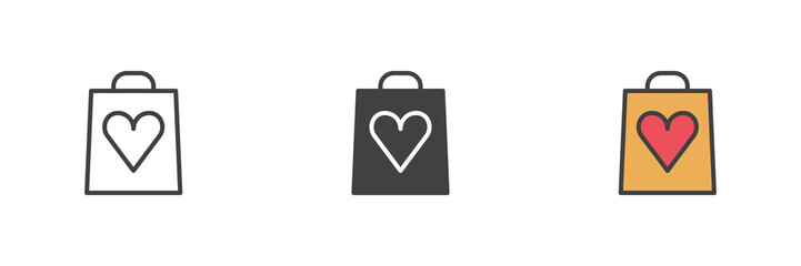 Shopping bag with heart different style icon set