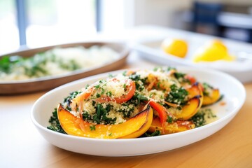 brightly lit side angle, roasted squash with quinoa, kale mix