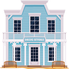 Western Wild West town drug store cartoon building. Vector two storey house of old american street scene. Wild West pharmacy, apothecary or drugstore front view with blue white wood facade and balcony
