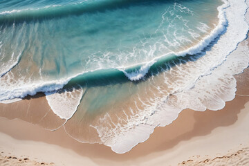 Fototapeta premium Beautiful sandy beach and soft blue ocean wave, top-down view