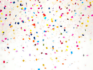 Lots of small colorful confetti falling on a white background. Suitable for celebration events and parties. Created with Generative AI.