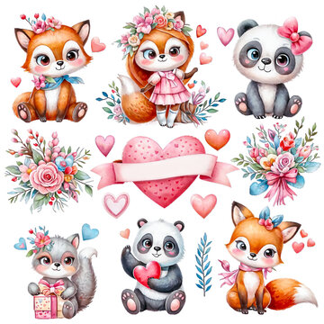 Big Watercolor Set of cute cartoon little animals for Valentine's Day. Generative AI.