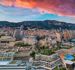 Fototapeta na wymiar Montecarlo. Aerial view of Monaco skyline at sunset