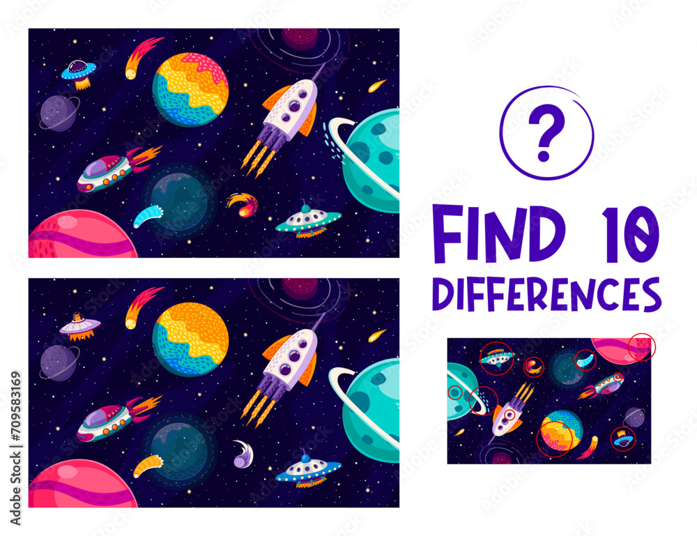 Aufkleber find ten differences at starry galaxy space landscape. difference spotting activity or quiz, objects
