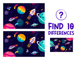 Find ten differences at starry galaxy space landscape. Difference spotting activity or quiz, objects comparing kids game vector worksheet with planets, rockets and UFO saucer flying in outer space