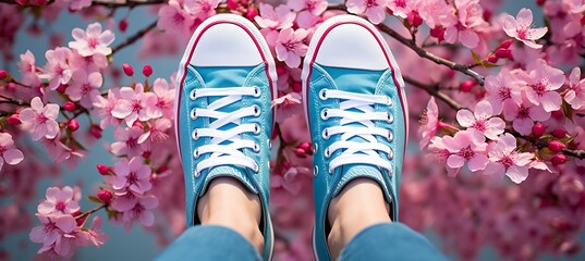Spring awakening woman in denim and blue sneakers surrounded by vibrant pink blossoms