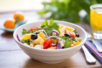 pasta salad with colorful bell peppers and olives
