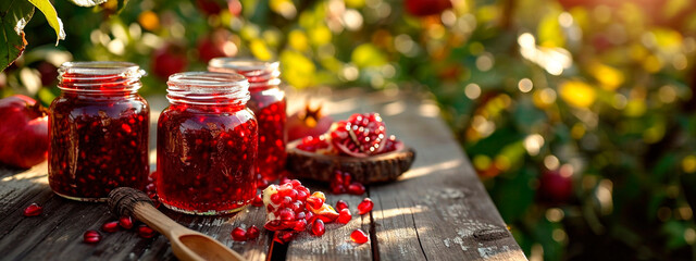 Pomegranate jam in a jar. Selective focus. - obrazy, fototapety, plakaty