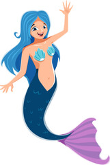 Cartoon mermaid character. Adorable cute underwater sea princess with blue flowing hair, shimmering tail, and friendly smile. Isolated vector personage ready to dive into magic pirate adventure story