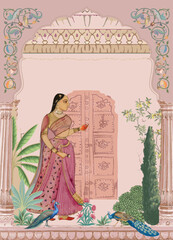 Woman in traditional ethnic Mughal garden with arch, palace, peacock and pattern illustration frame for wallpaper
