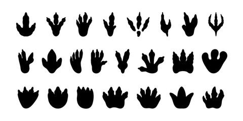 Dinosaur footprint. Black dino silhouette fossil paw print. Monster reptile footsteps. Paleontology fossil footprints. Tyrannosaurus, triceratops paws vector set - obrazy, fototapety, plakaty