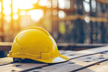Yellow helmet on a blurred background, Construction background.
