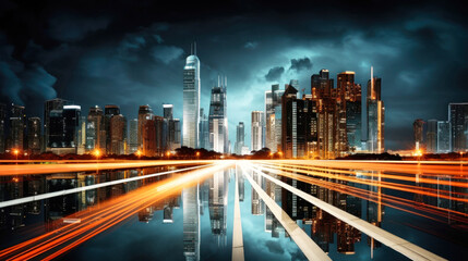 Fototapeta premium Reflections of City Lights in Water, Beautiful City Skyline Illuminated at Night