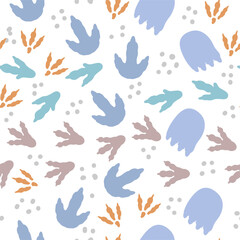 Seamless pattern dinosaur foot trace. Color kids background with dino footprint trace. Jurassic reptiles paw steps on pattern for fabric, wallpaper. Vector illustration © Foxy Fox