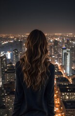 the girl is standing with her back turned on the skyscraper of the city, below her are the lights...