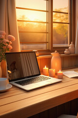 Fototapeta premium Laptop and books on wooden table near window in cafe at sunset