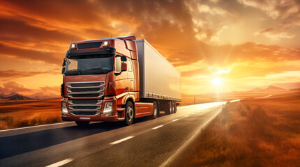 Long haul semi-truck on a deserted road at sunset. Road freight transport concept.