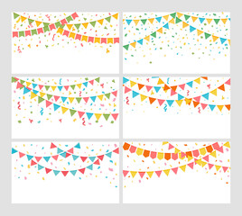 Party confetti and bunting. Cartoon flags and colorful festive decorations. Decorative sprinkles burst, hanging decor and confetti explosion composition. Vector set