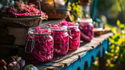 Red cabbage preserved in a jar. Selective focus. - obrazy, fototapety, plakaty