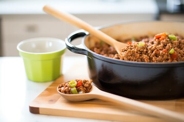 homemade sloppy joe mix in a pot, ladle on side